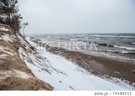 Baltic Sea wild beach is snowy in winter and there are big waves 74389515