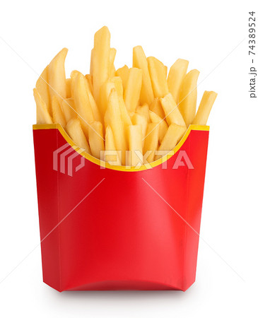 French fries or fried potatoes in a red carton box isolated on white background with clipping path and full depth of field 74389524