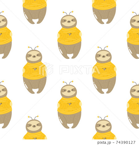 Seamless pattern with cute sloths in bee sweaters. 74390127