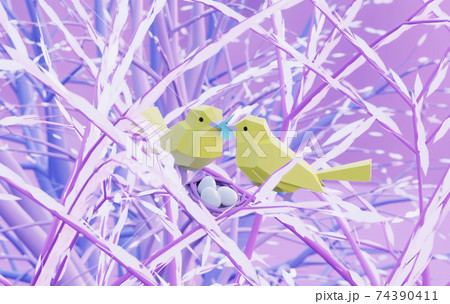 two beautiful lovers low poly birds sitting on a branch with nest in fairy forest, male feeds female with butterfly, care and love concept, 3d render 74390411