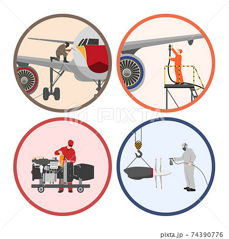 Set of images . Mechanic repairing an airplane 74390776