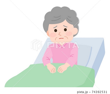 入院 不安な入院患者の高齢女性 イラストのイラスト素材
