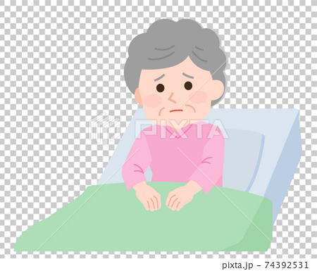 入院 不安な入院患者の高齢女性 イラストのイラスト素材