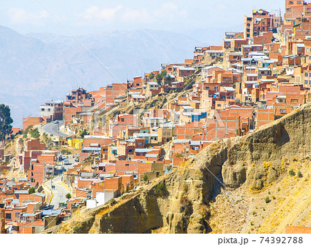 Slum houses built in steep slope of La Paz, Bolivia 74392788