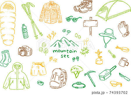 ラフな手描きの登山道具セット(4色) 74393702