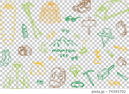 ラフな手描きの登山道具セット(4色) 74393702
