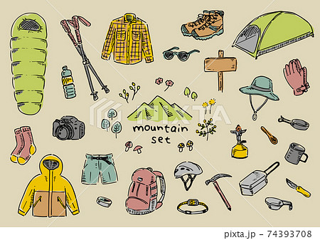 ラフな手描きの登山道具セット(色褪せ) 74393708
