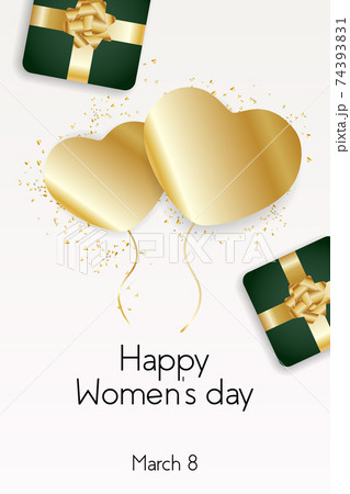Happy Spring Women s Day, March 8. A green gift box with a gold bow and tinsel in the background. Gift template for posters, greeting cards and banners for websites. Flat top view. Vector illustration 74393831