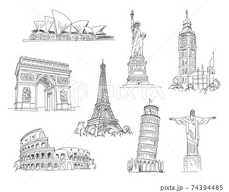 Attractions of the world. Freehand drawing. Vector illustration. Isolated on white background 74394485