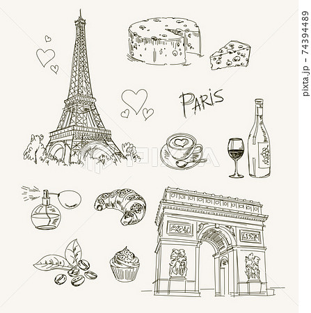 Freehand drawing Paris items on a sheet of exercise book. Eiffel Tower. Arc de Triomphe. Vector illustration. Isolated on white background Freehand drawing Paris items on a sheet of exercise book. Eiffel Tower. Arc de Triomphe. Vector illustration. Isolated on white background 74394489