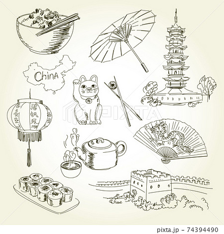 Freehand drawing China items on a sheet of exercise book. Longhua Temple - China Tours. Great Wall of China. Vector illustration. Isolated on white background Freehand drawing China items on a sheet of exercise book. Longhua Temple - China Tours. Great Wall of China. Vector illustration. Isolated on white background 74394490