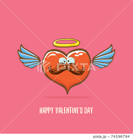 Vector Valentines day greeting card with funny cartoon pink heart character with wings and holy angel golden nimbus isolated on pink background. Conceptual valentines day comic funky kids poster 74396794