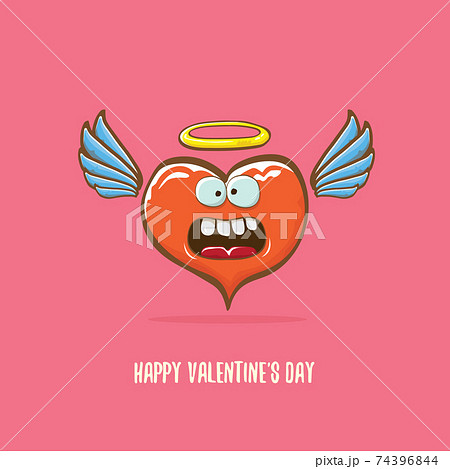 Vector Valentines day greeting card with funny cartoon pink heart character with wings and holy angel golden nimbus isolated on pink background. Conceptual valentines day comic funky kids poster Vector Valentines day greeting card with funny cartoon pink heart character with wings and holy angel golden nimbus isolated on pink background. Conceptual valentines day comic funky kids poster 74396844
