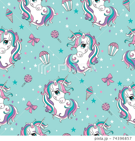 Magic seamless pattern with heads of unicorns and sweets Magic seamless pattern with heads of unicorns and sweets 74396857