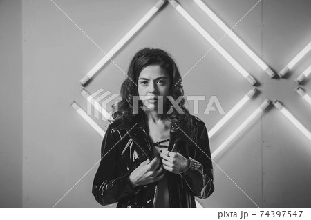 stylish woman wearing black leather jacket stylish woman wearing black leather jacket 74397547