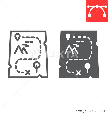 Cartoon map line and glyph icon, video games and treasure, adventure game sign vector graphics, editable stroke linear icon, eps 10. 74399051