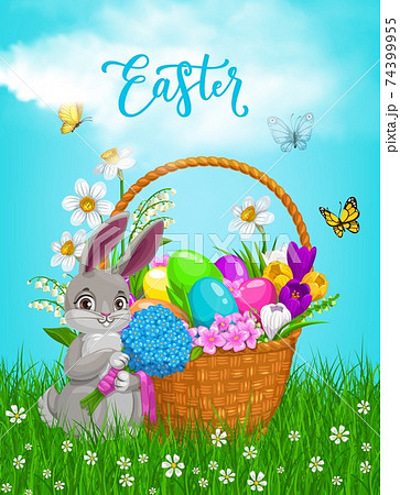 Easter rabbit with flowers bouquet vector poster Easter rabbit with flowers bouquet vector poster 74399955