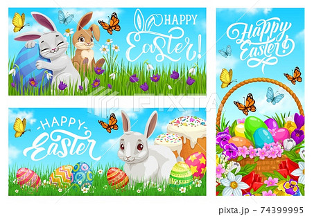 Happy Easter vector banners with cartoon bunnies 74399995