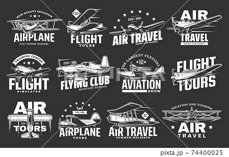 Aviation icons of airlines plane tours, air travel 74400025