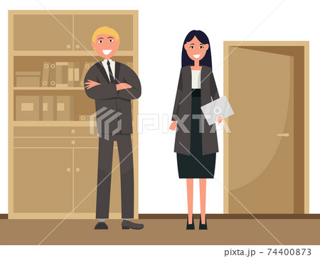 Businessmen office workers man and woman cartoon characters. Employees standing and talking together 74400873