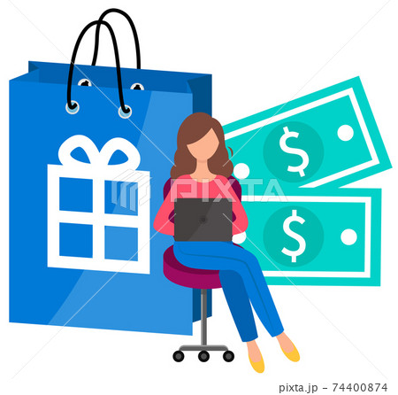 Girl with laptop orders gifts on the internet. Pre-holiday online shopping vector illustration Girl with laptop orders gifts on the internet. Pre-holiday online shopping vector illustration 74400874