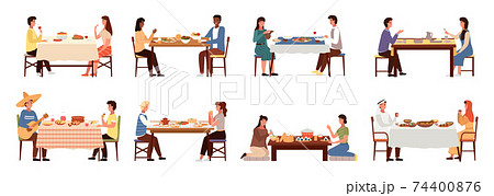 Set of illustrations about world cuisines tasting. Couples on dates isolated on white background 74400876