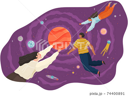 Group Of People Flying To The Stars In Space のイラスト素材