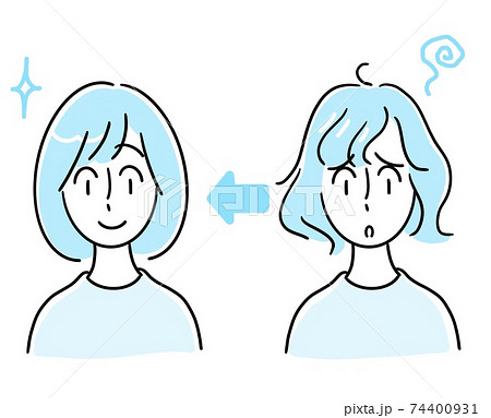 天然パーマ くせ毛に悩む女性がストレートヘアーになったイラストのイラスト素材