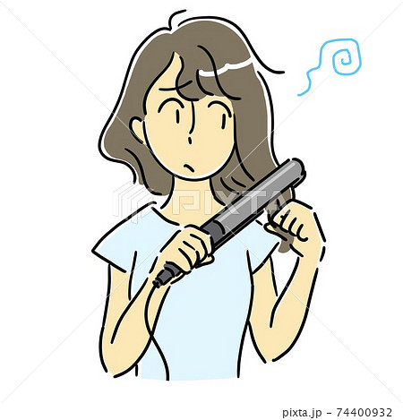 天然パーマ くせ毛に悩む女性がヘアアイロンをしているイラストのイラスト素材