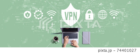 VPN concept with person working with laptop VPN concept with person working with laptop 74401027