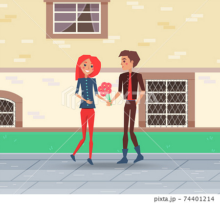 Couple walking on the street. People on date outdoors. The guy present the girl a bouquet of flowers Couple walking on the street. People on date outdoors. The guy present the girl a bouquet of flowers 74401214