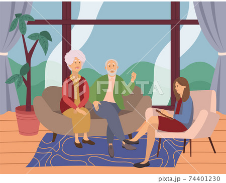 Psychiatrist consultation. Worried elderly pensioner couple man and woman on psychologist session 74401230
