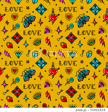 Old school tattoo seamless pattern with love symbols. Design For Valentines Day Old school tattoo seamless pattern with love symbols. Design For Valentines Day 74401919