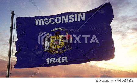 Flag of Wisconsin waving in the wind against deep beautiful sky. 3d illustration 74403435