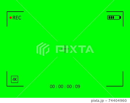 Green screen camera with video shooting parameters. Chroma key with viewfinder cross and resoluton photo quiality indicators. 74404960