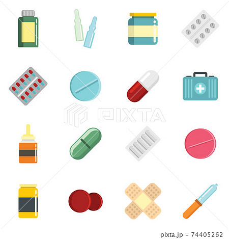 Medicine cartoon pill, drugs and antibiotics icons set 74405262