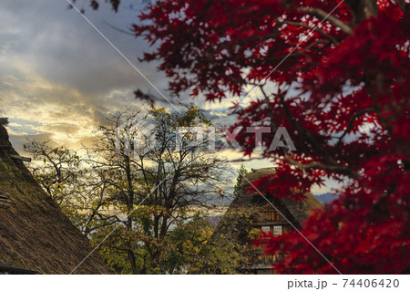【紅葉の白川郷 合掌造り集落 空合成 】 【紅葉の白川郷 合掌造り集落 空合成 】 74406420