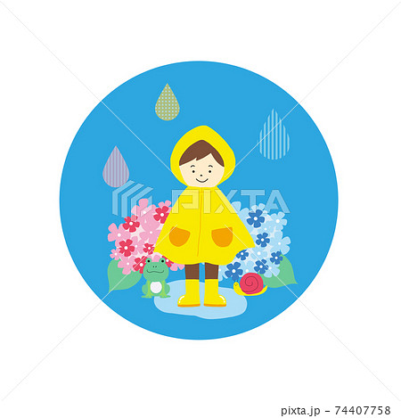 雨の日のデザインイラスト カッパを着た男の子 のイラスト素材