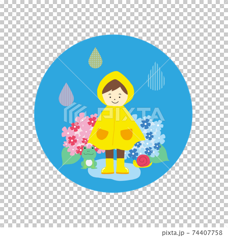 雨の日のデザインイラスト カッパを着た男の子 のイラスト素材