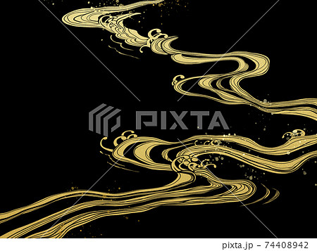 波をモチーフとした黒と金の和風素材 - 複数のバリエーションがあります 74408942