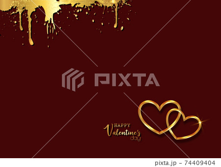 Happy Valentines day vector greeting card. Gold hearts on dark red background. Golden holiday poster with text, jewels. Concept for Valentines banner, flyer, party invitation, jewelry gift shop 74409404