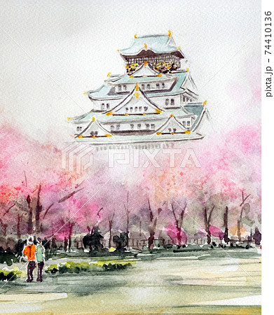 大阪城 春 大阪城公園 日本の春 桜のイラスト素材