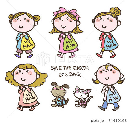 マイバッグ エコバッグを持ち歩く手描きの可愛い女の子達と犬と猫 Save The Earthのイラスト素材