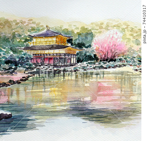 金閣寺　桜　京都　世界遺産 74410317