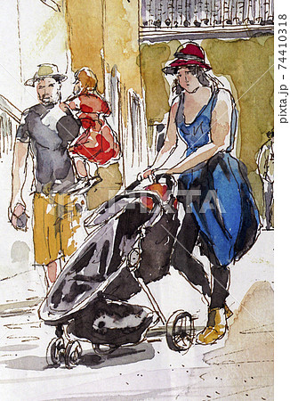 子育て　親子　乳母車　育児　育メン 74410318