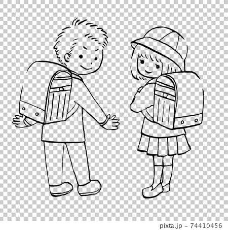 ランドセルを背負った男の子と女の子のイラスト線画のイラスト素材