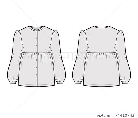 Tunic blouse technical fashion illustration with bouffant long sleeves, stand collar, gathered hem, oversized, button up Tunic blouse technical fashion illustration with bouffant long sleeves, stand collar, gathered hem, oversized, button up 74410743