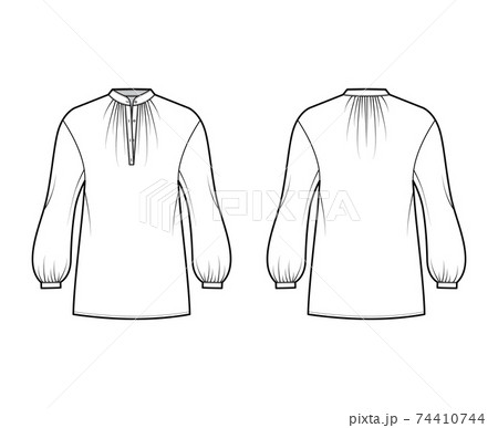 Over blouse technical fashion illustration with bouffant long sleeves, stand halter gathered collar, oversized. Flat Over blouse technical fashion illustration with bouffant long sleeves, stand halter gathered collar, oversized. Flat 74410744