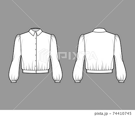 Blouson blouse technical fashion illustration with bouffant long sleeves, classic shirt neck, oversized, button up. Flat Blouson blouse technical fashion illustration with bouffant long sleeves, classic shirt neck, oversized, button up. Flat 74410745