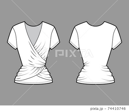 Ballet wrap top technical fashion illustration with short sleeves, fitted body, stretch cotton. Flat apparel shirt 74410746